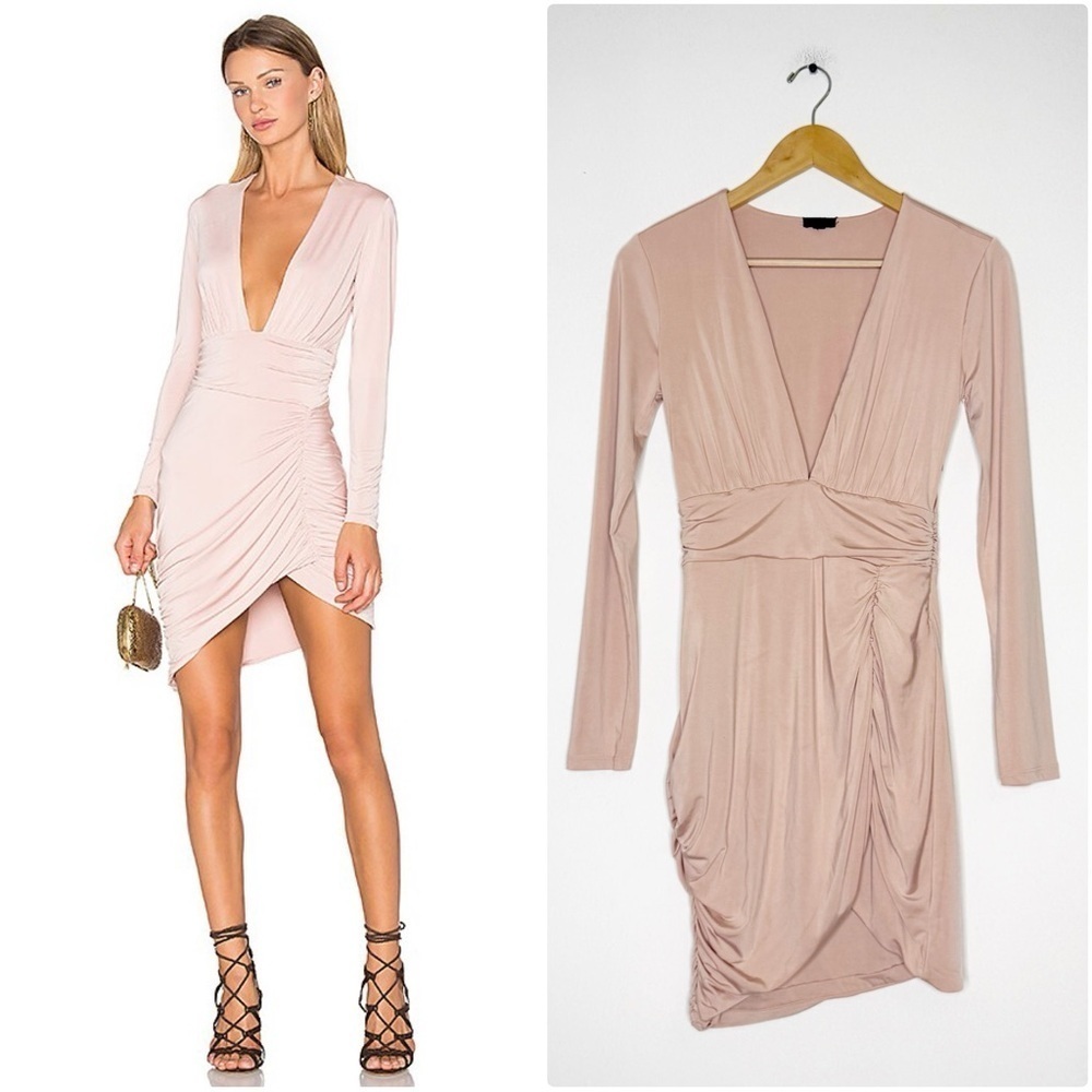 NBD Revolve Dress Blush Pink Ruched Long Sleeve Bodycon Dress Size XS